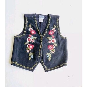 Vintage Vest Erika Classics Clothing Co Wool Black Floral Embroidery Medium